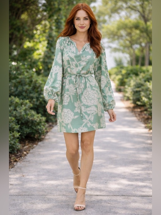 LOFT Green Floral Print Split Neck Tie Waist Long Sleeve Mini Dress‎-NWT-Medium - Picture 8 of 8